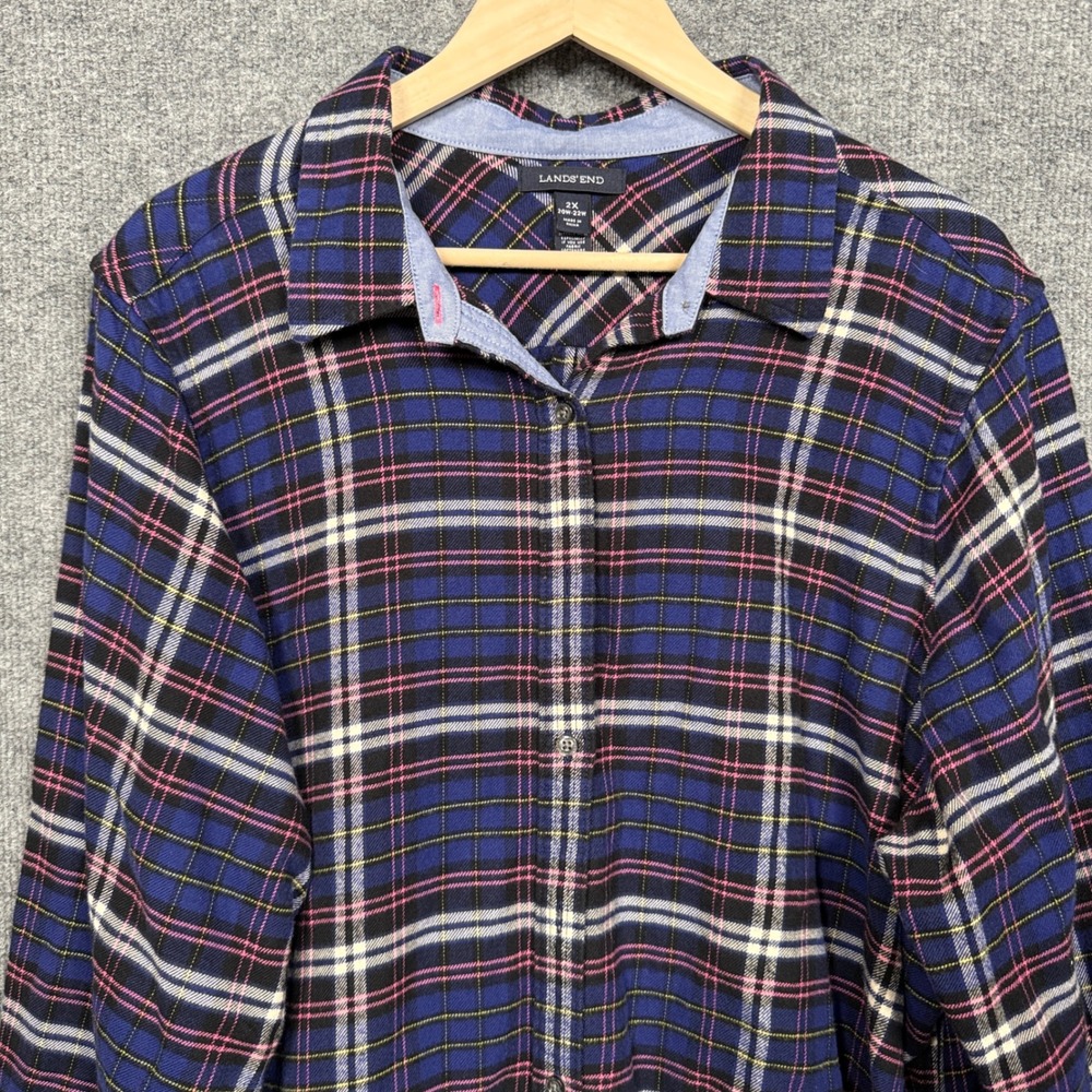 Lands' End Womens Plus Size 2X Shirt Navy Red Plaid Windowpane Cotton Button Up - Picture 3 of 9